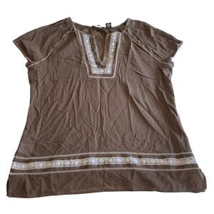 Eddie Bauer Brown Embroidered Blouse Sz XL Boho Gauzy